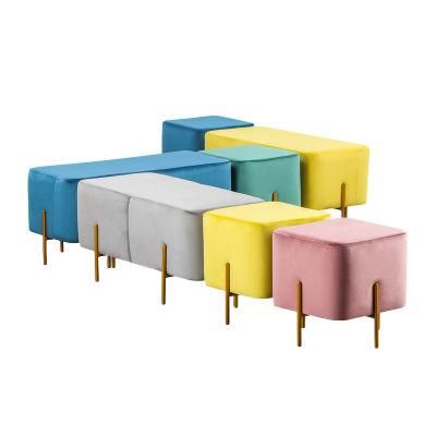 Modern Grey Square Upholstered Footstool Solid Gold Metal Legs Fabric Velvet Stool Ottoman for Home Living Room