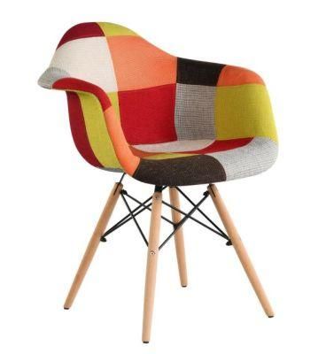 Factory Colorful Patchwork Armrest Chair with Wooden Leg Designer Modern Dining Room Armchair