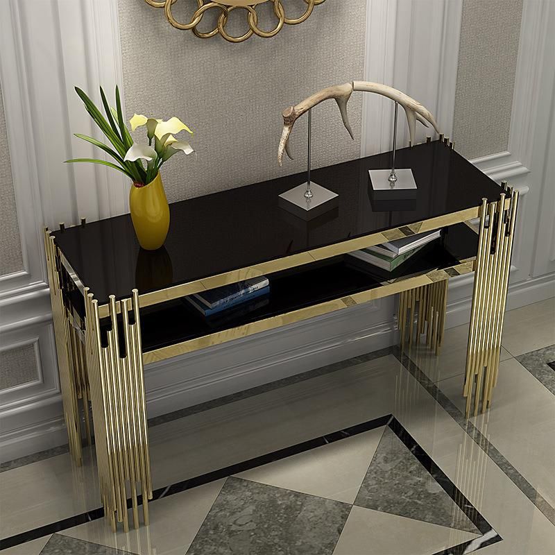 Luxury Modern Design Gold Stainless Steel Tempered Glass Top Rectangle Console Table