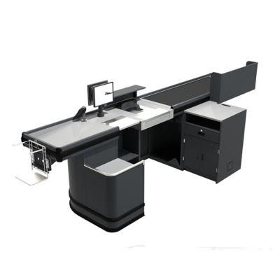 Metal Construction Coated Hotsale Supermarket Checkout Counter with Conveyor Belt Comptoir Caisse