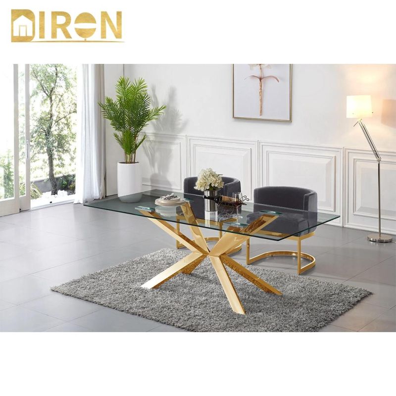 Factory Direct Sell Modern European Glass Marble Top Dining Table with Stainless Steel Legs Modern Home Fabric Furniture