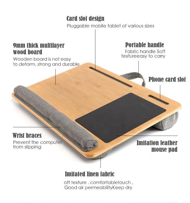 Wholesale Portable Bamboo Laptop Stand Wooden Lap Tray Bed Sofa Desk with Soft Pillow Cushion Computer Desk with Phone Slot Pad Slot