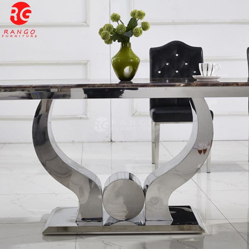 Dining Table with Premiere Grey Fabric Knockerback Chairs Grey Marble and Stainless Steel Chrome