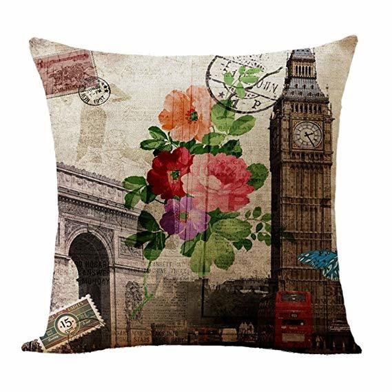 Cozy Building Flower Design Digital Printing Cushion on Sofa 100% Polyester Linen Fabric Chair Cushion Pillow Case Eiffel Tower Big Ben