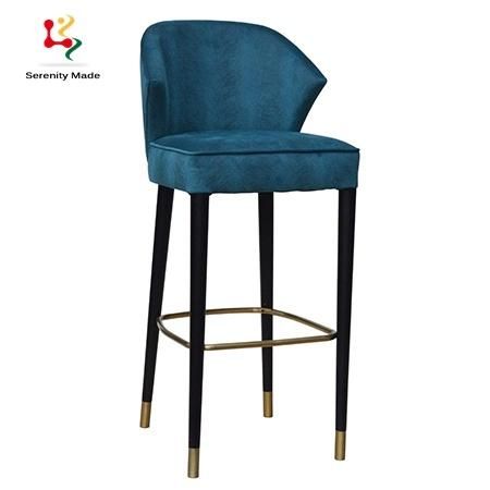 Commercial Blue Height Bar Stool Furniture Fabric Upholstered Restaurant Stool with Brass Footrest