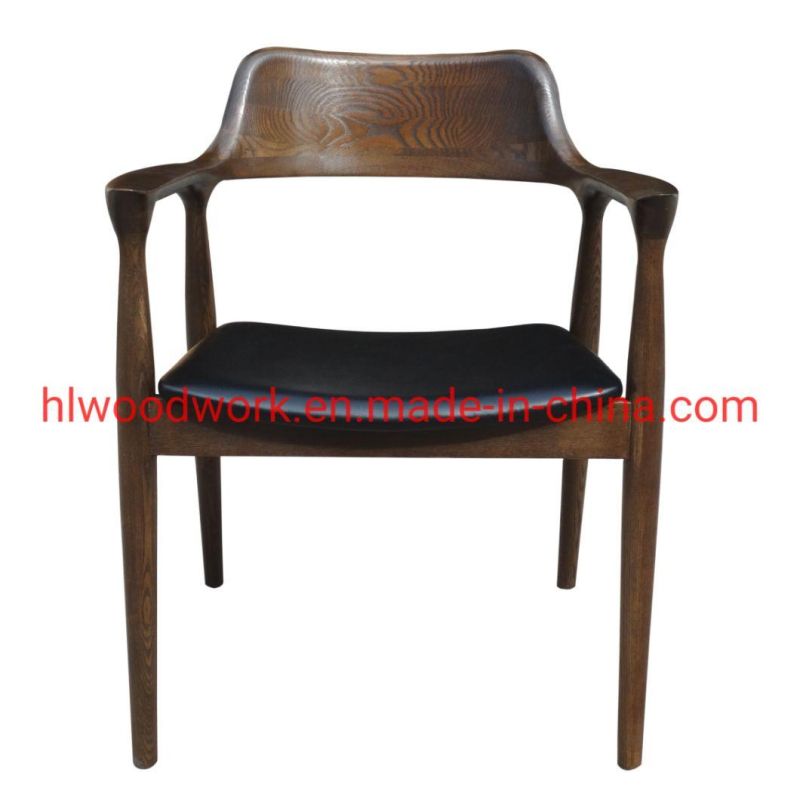 High Quality Hot Selling Modern Design Furniture Dining Chair Oak Wood Walnut Color Black PU Cushion Wooden Chair Hotel Furniture Hotel Armchair Dining Chair