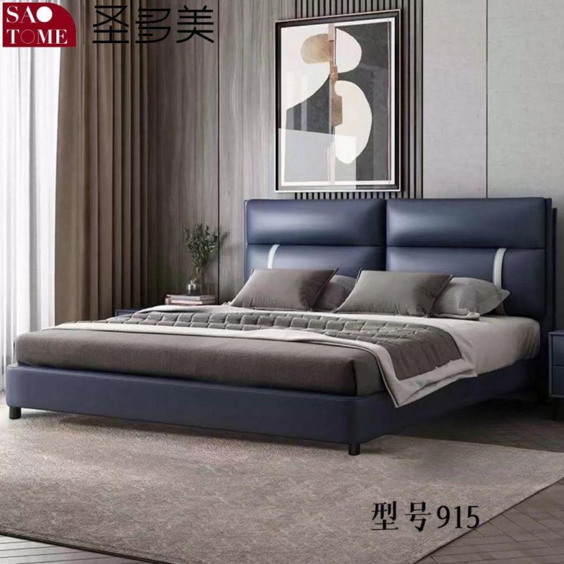 Bedroom Bed Furniture Dark Blue with off-White Leather Double Bed