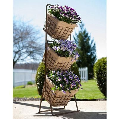 Home Decor 3 Tier Wire Storage Basket Metal Flower Planter Harvest Basket Planter Stand with Burlap Liner