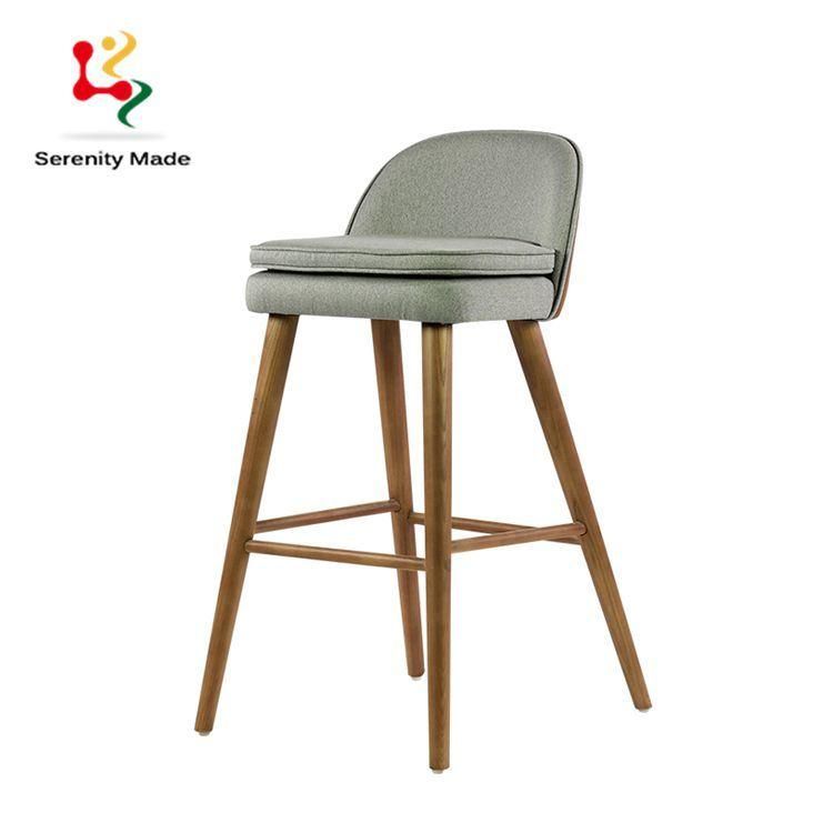 Commercial Nodic Style Restaurtant Fabric Cover Seat Wooden Legs Bar Stool Cafe High Counter Chair