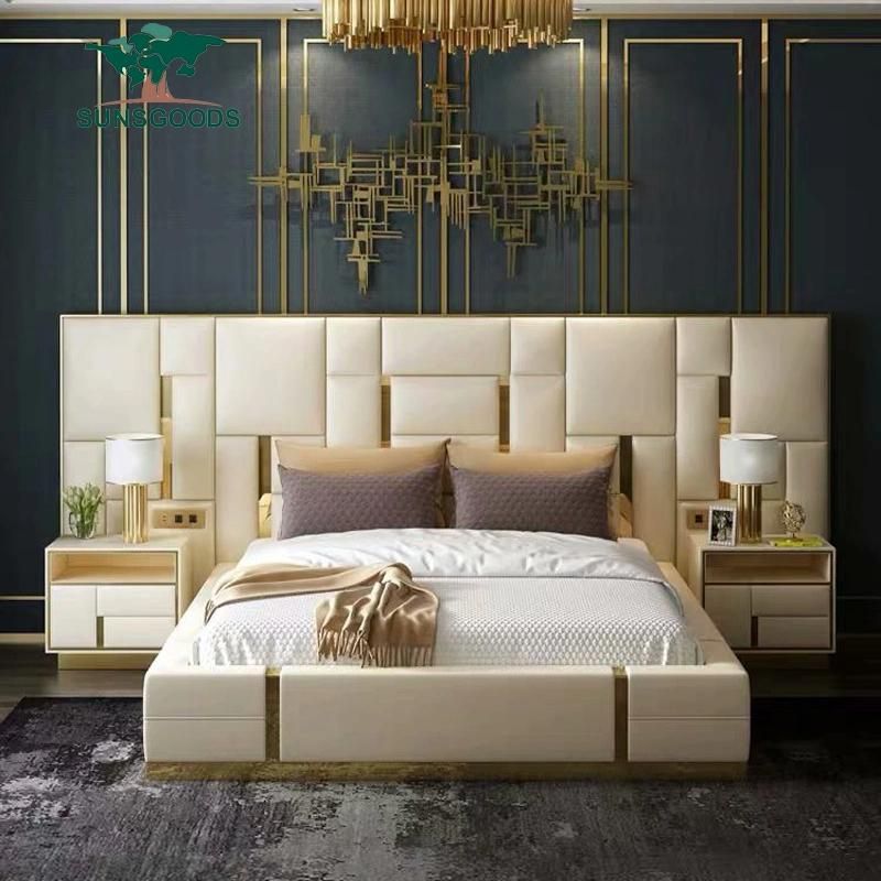 Psc15 Luxury Bedroom Set Furniture Sleep Design Studs Tufted Chesterfield Double King Size Upholstered Fabric Bed