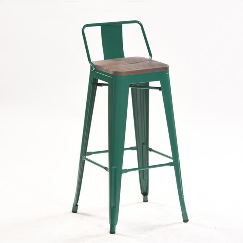 European Outdoor Restaurant Cafe Counter Stool with Wood Seat Loft Home Metal High Stool