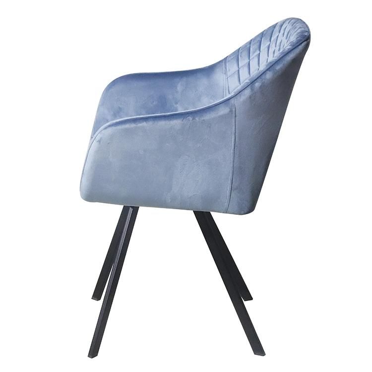 2021 Factory Supply Top One Best Selling Grey Velvet Fabric Dining Chair with Armrest and Black Metal Legs