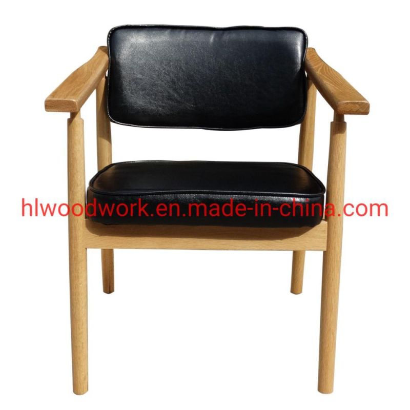 Leisure Chair Dining Chair Oak Wood Frame Natural Color Black PU Cushion Office Chair