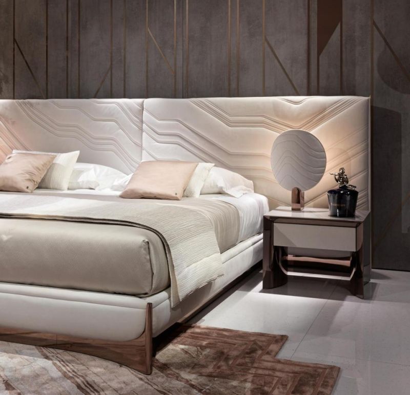 High Quality Home Furniture White Full Soft Fabric PU Leather Upholstered Bed Villa Bedroom Furniture Set Italian Luxury Modern King Size Bed with Big Headboard