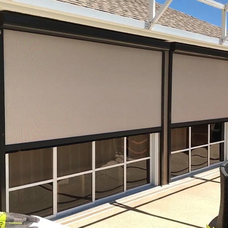 Grey Black White Light Filtering Rate 10-20% Fabric Custom Logo Electric Heatproof Zip Screen Roller Blinds Outdoor