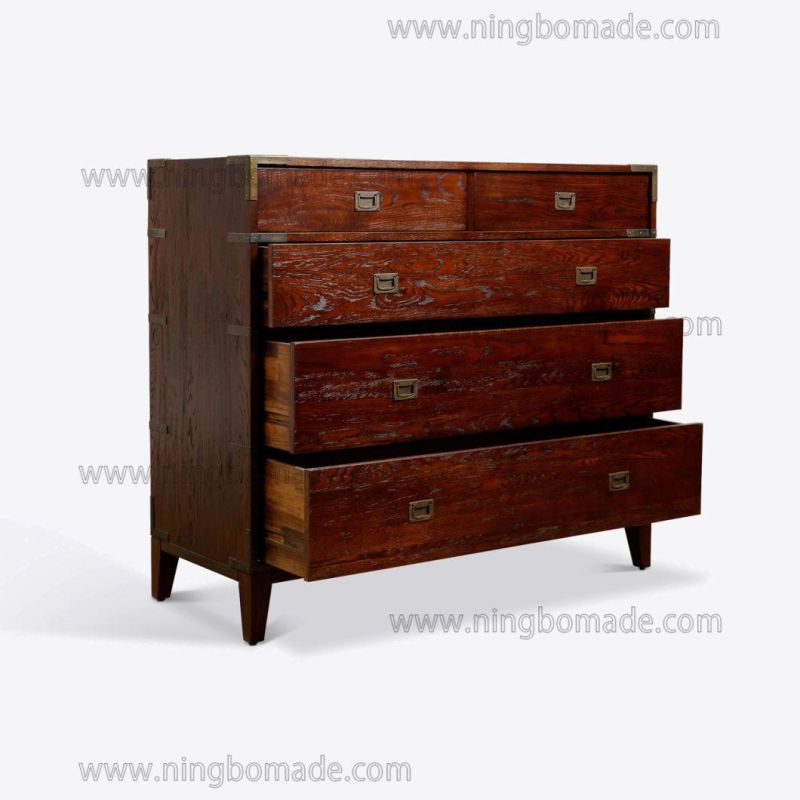 Hot Sale Chinese Classic Style Furniture Waxed Brown Oak Antique Brass Color Metal 5 Drawers Chest Cabinet