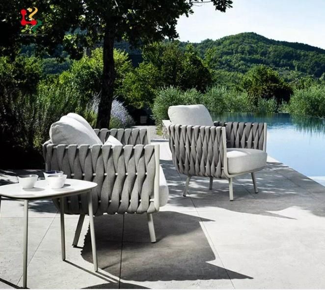 Outdoor Hotel Resort Furniture Garden Backyard Leisure Aluminum Frame Rope Woven Back Fabric Seat and Cushion Lounge Sofa Chair