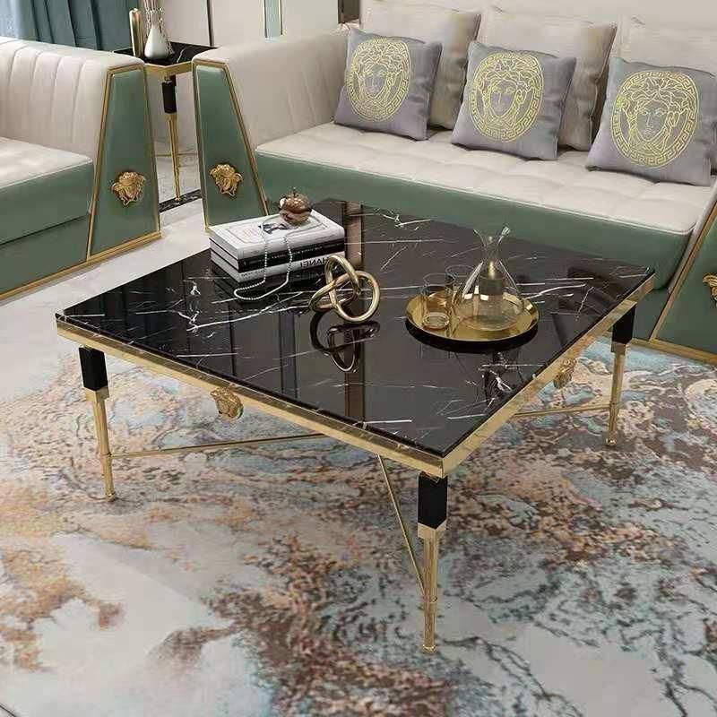 Nordic Modern Luxury Home Living Room Furniture Square Marble Top Center Table Gold Golden Metal Stainless Steel Coffee Table