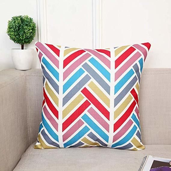 Gemetrical Check Design Color Printing Throw Cushion on Sofa