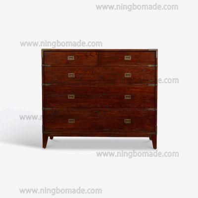 Hot Sale Chinese Classic Style Furniture Waxed Brown Oak Antique Brass Color Metal 5 Drawers Chest Cabinet