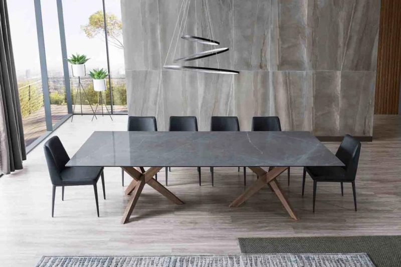 Luxury Dinning Table Walnut Veneer Top and Metal Base for Living Room Dt709