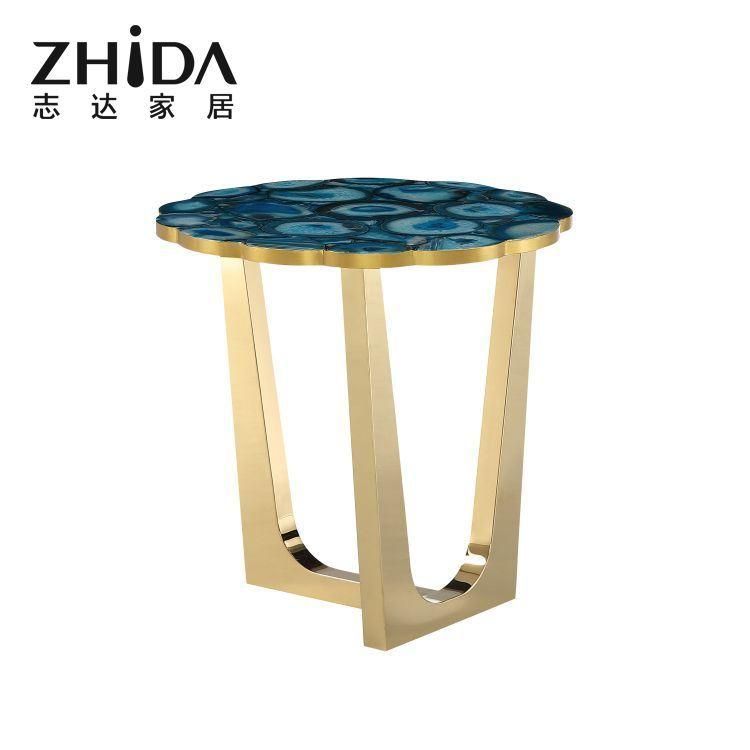 Foshan Factory Wholesale Gold-Plated Round Coffee Table Home Furniture Living Room Stainless Steel Leg Corner Marble Side Table