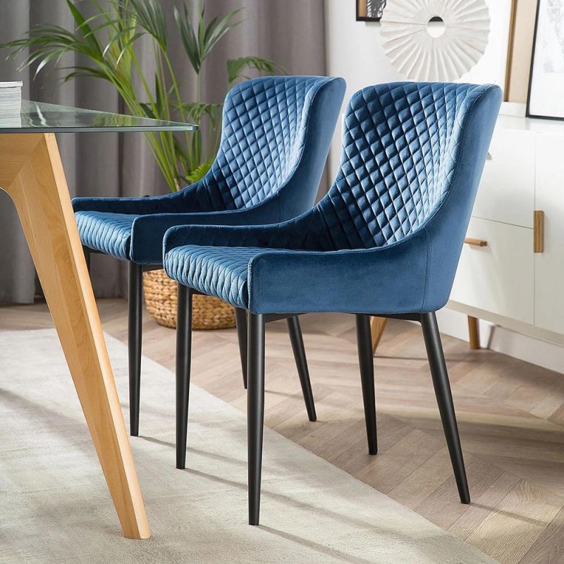 Wholesale Modern Luxury High Back Soft Back Blue Fabric Dining Room Chair with Metal Legs