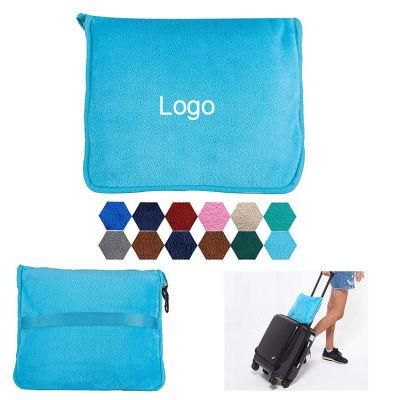 Custom Logo Hand Luggage Belt Travel Pillow Blanket Set in Pouch Airplane Sofa Fleece Throw Blanket with Bag