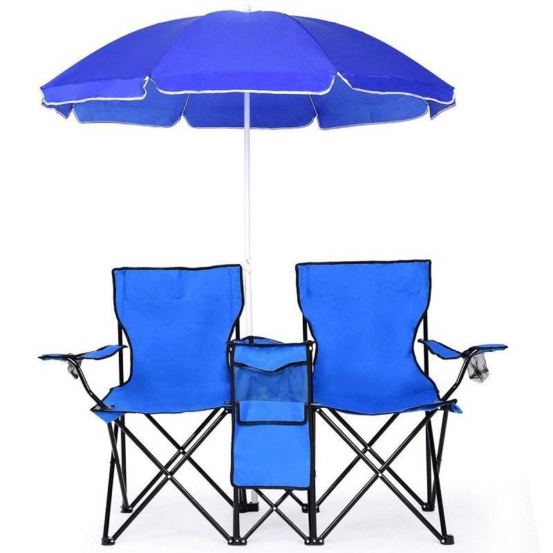 Double Folding Chair with Removable Umbrella Table Cooler Bag for Patio Beach Lawn Picnic Fishing Camping Garden