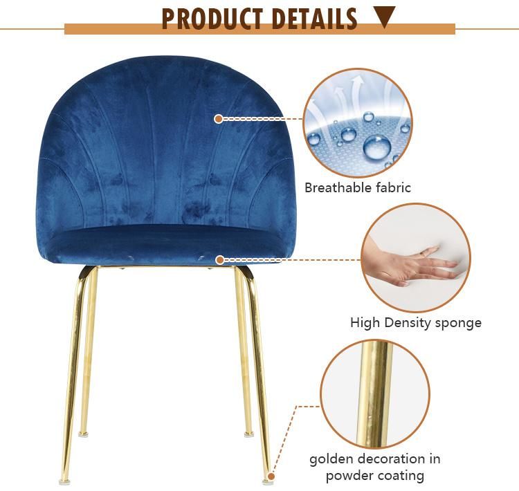 Factory Custom Modern Velvet Upholstered Fabric Dining Chair with Golden Chrome Legs