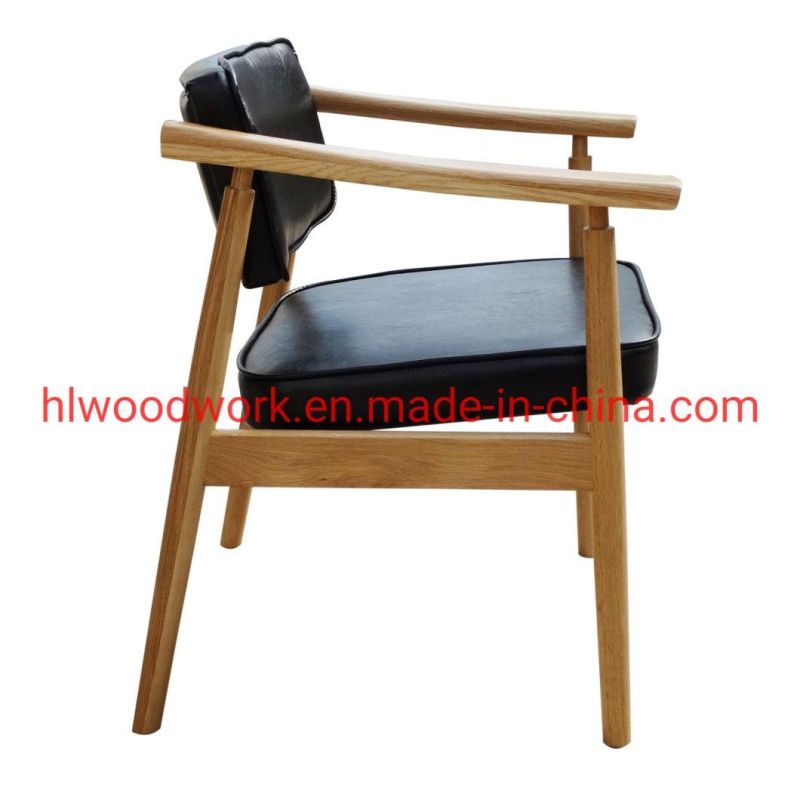 Leisure Chair Dining Chair Oak Wood Frame Natural Color Black PU Cushion Office Chair