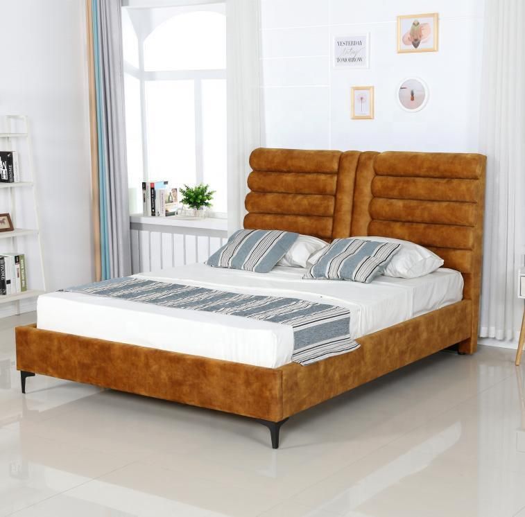 Modern Home Bedroom Furniture Velvet Fabric Queen King Size Frame Bed with Slats