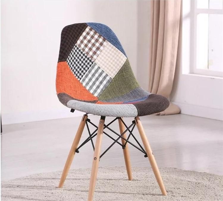 Rustic Wooden Leg Living Room Leisure Side Soft Chair Patchwork Fabric Nordic Dining Chair