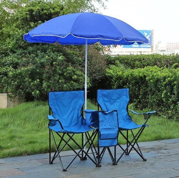 Double Folding Camping, Fishing Beach Chair with Removable Umbrella Table Cooler Bag