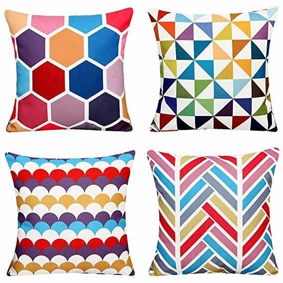 Gemetrical Check Design Color Printing Throw Cushion on Sofa