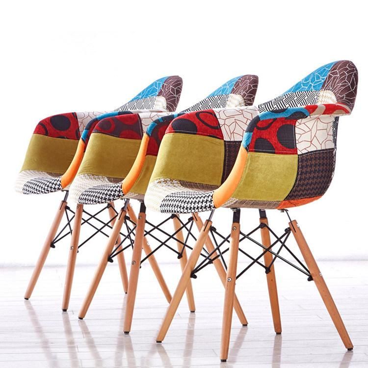 Factory Colorful Patchwork Armrest Chair with Wooden Leg Designer Modern Dining Room Armchair