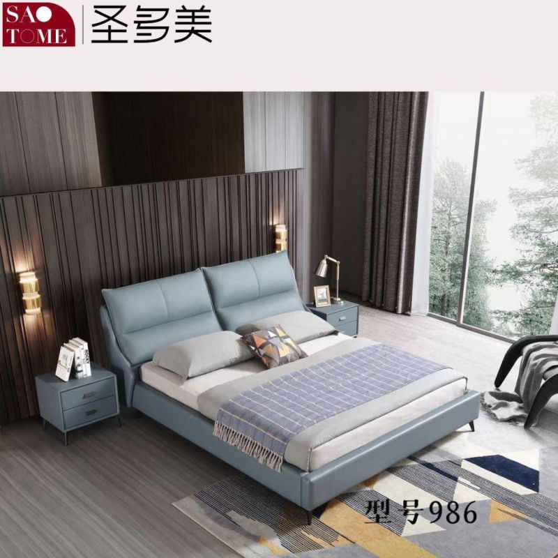 Bedroom Bed Furniture Dark Blue with off-White Leather Double Bed